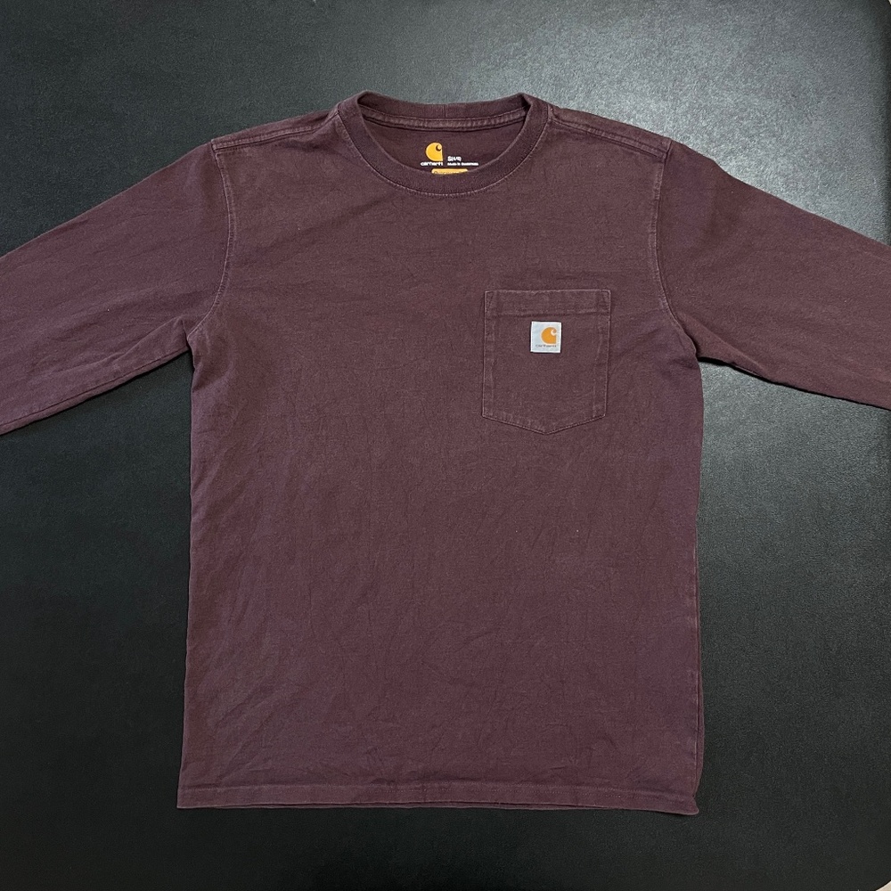 Carhartt Shirt Maroon Long Sleeve Pocket Tee Loose Fit Men's Small